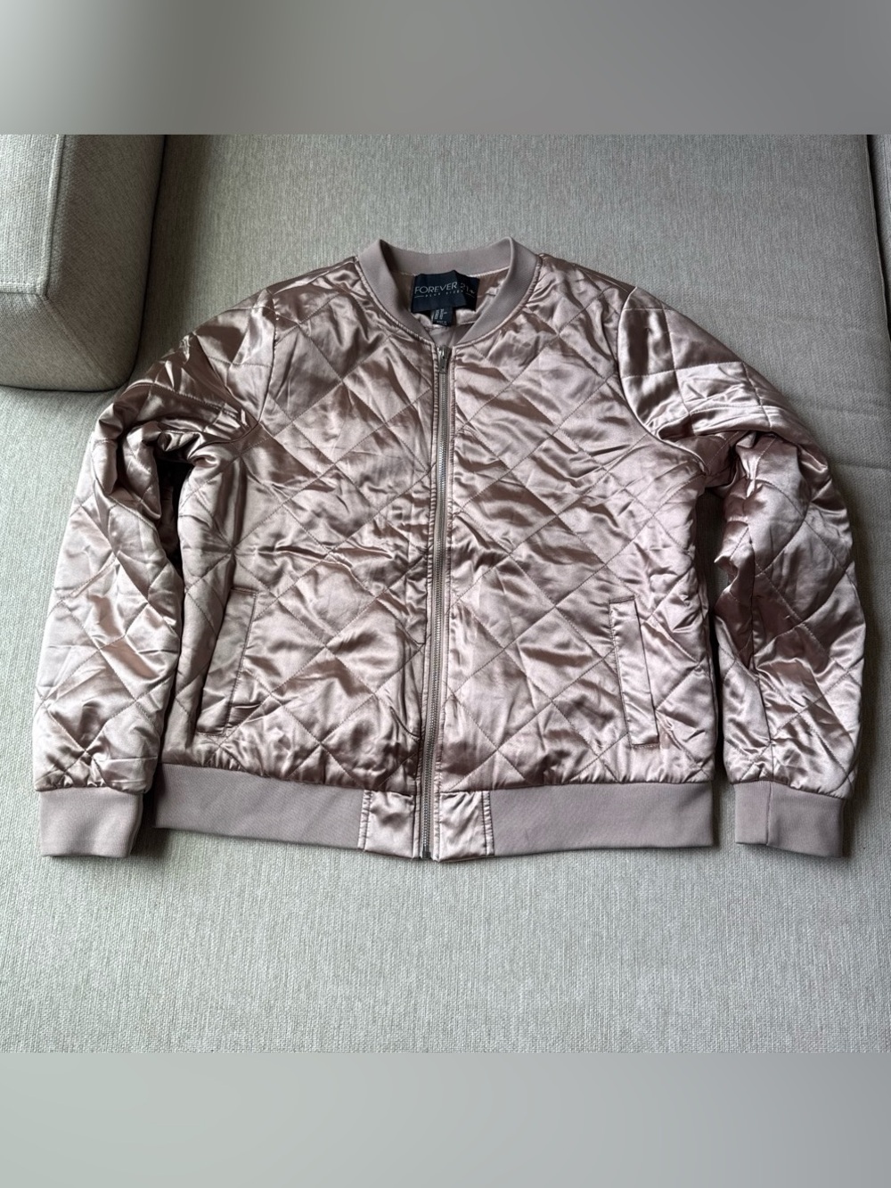 Forever 21 Quilted Satin Bomber Jacket - Rose Metallic